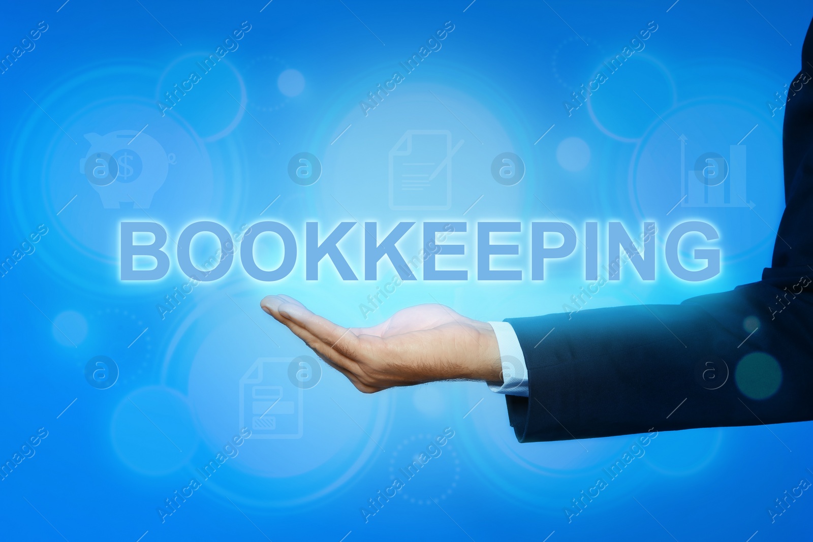 Image of Bookkeeping concept. Businessman holding word on light blue background with digital icons, closeup