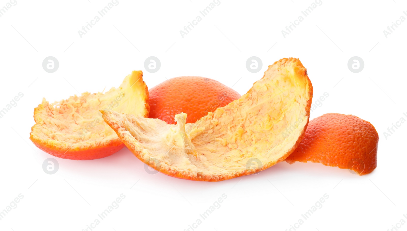 Photo of Tangerine peel on white background. Composting of organic waste