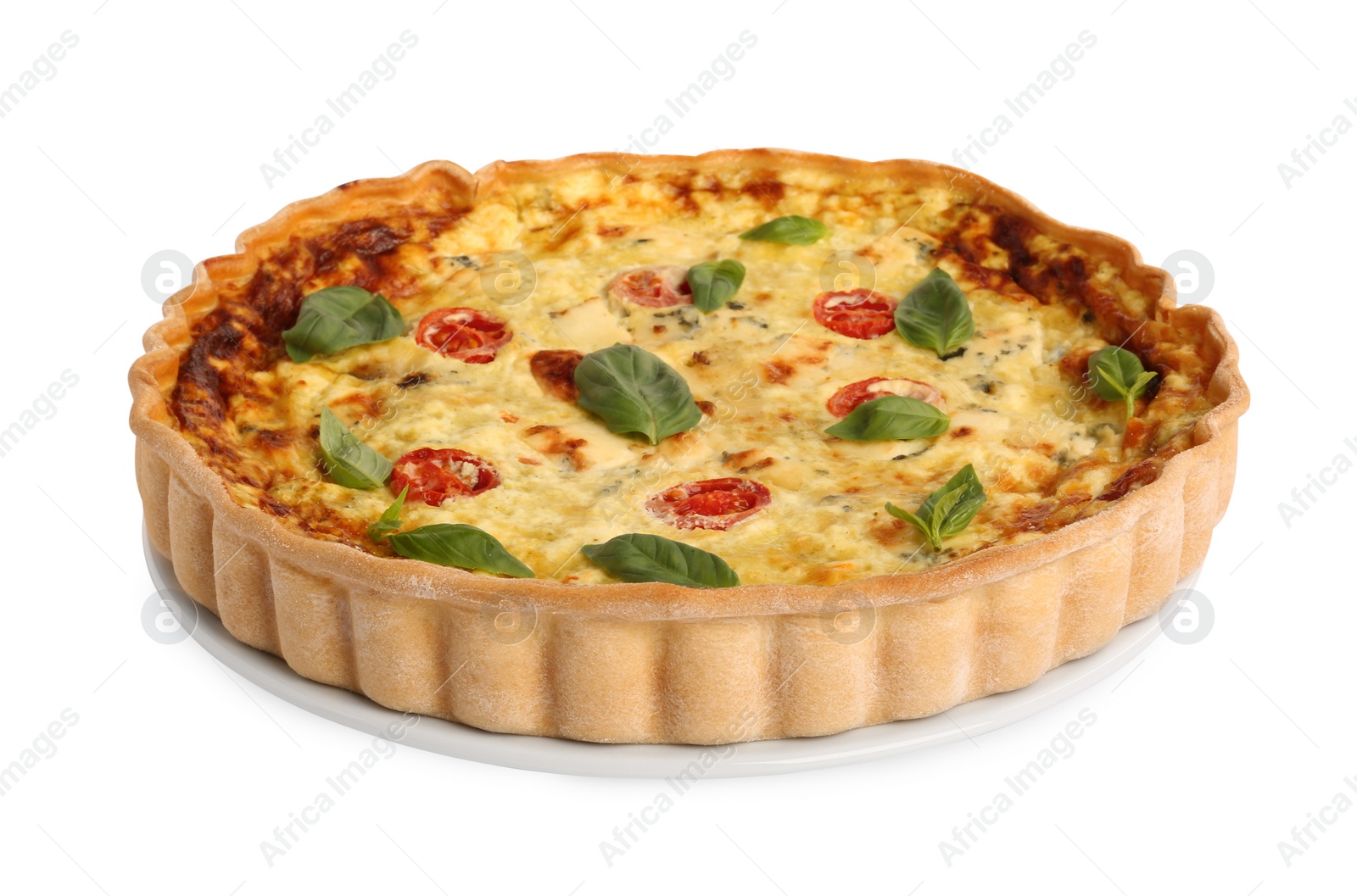 Photo of Delicious quiche with cheese, tomatoes and basil isolated on white