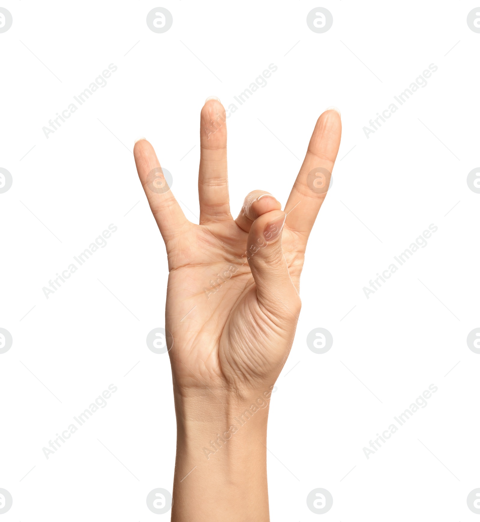 Photo of Woman showing number eight on white background, closeup. Sign language