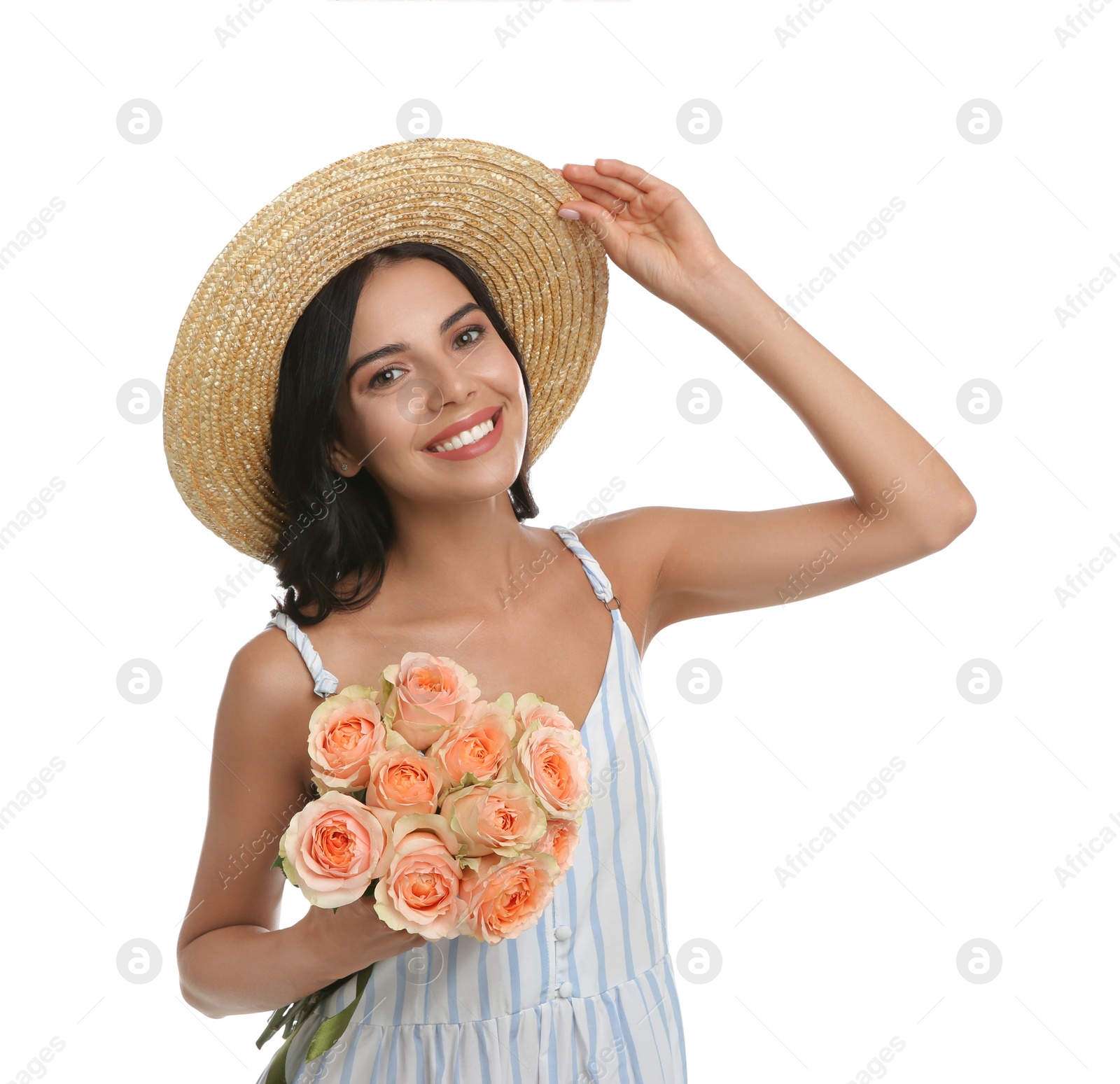 Photo of Portrait of smiling woman with beautiful bouquet on white background