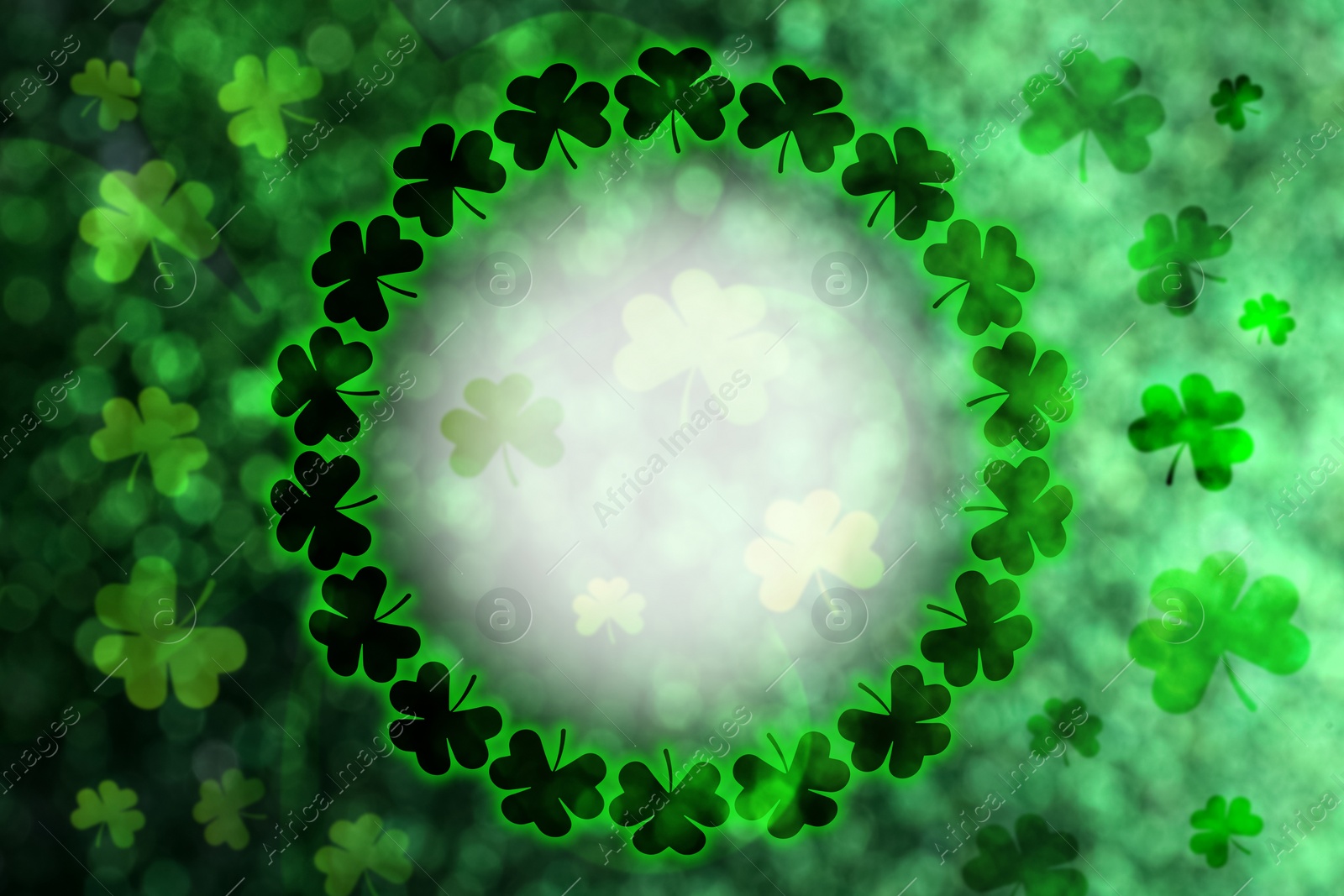 Image of St. Patrick's Day greeting card design with clover leaves, bokeh effect