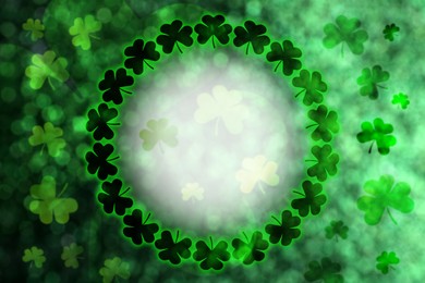 Image of St. Patrick's Day greeting card design with clover leaves, bokeh effect