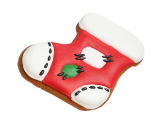 Photo of Delicious cookie in shape of Christmas stocking isolated on white