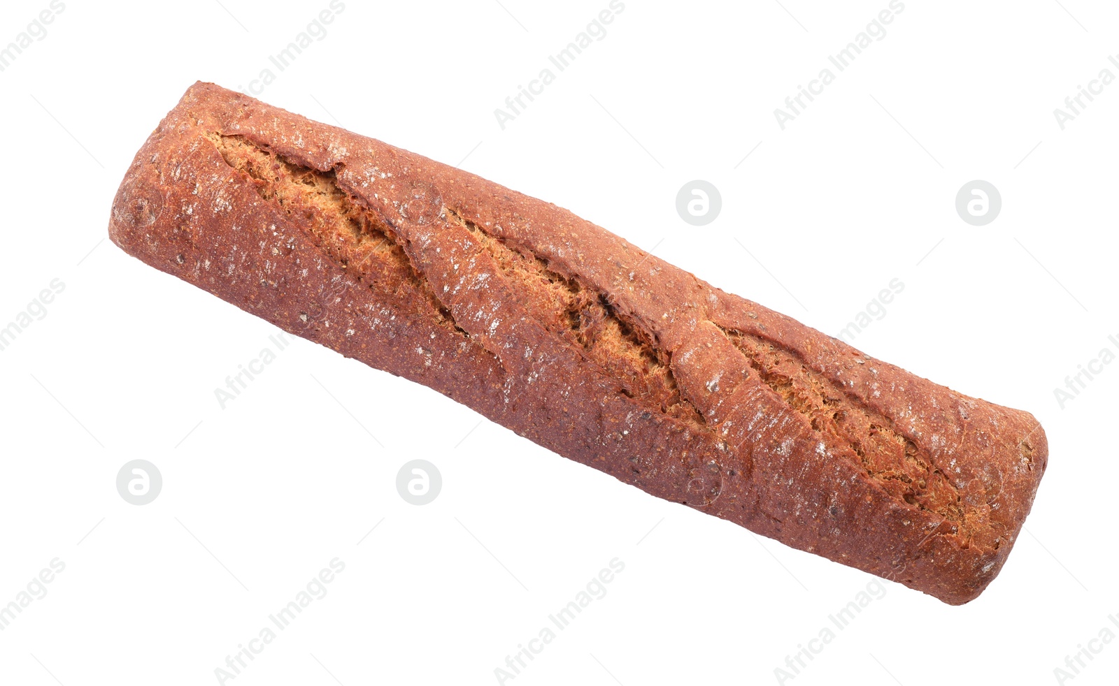 Photo of Tasty rye baguette isolated on white, top view. Fresh bread