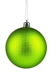 Image of Green Christmas ball hanging on white background