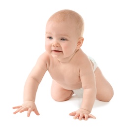 Photo of Cute little baby crawling on white background