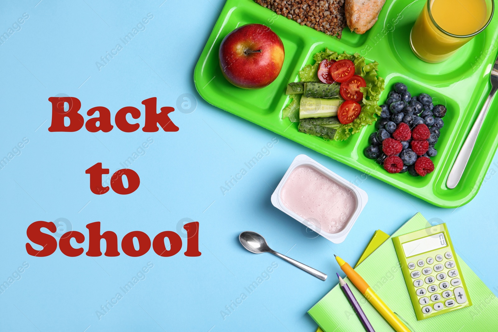 Image of Serving tray of healthy food and stationery on turquoise background, flat lay. School lunch