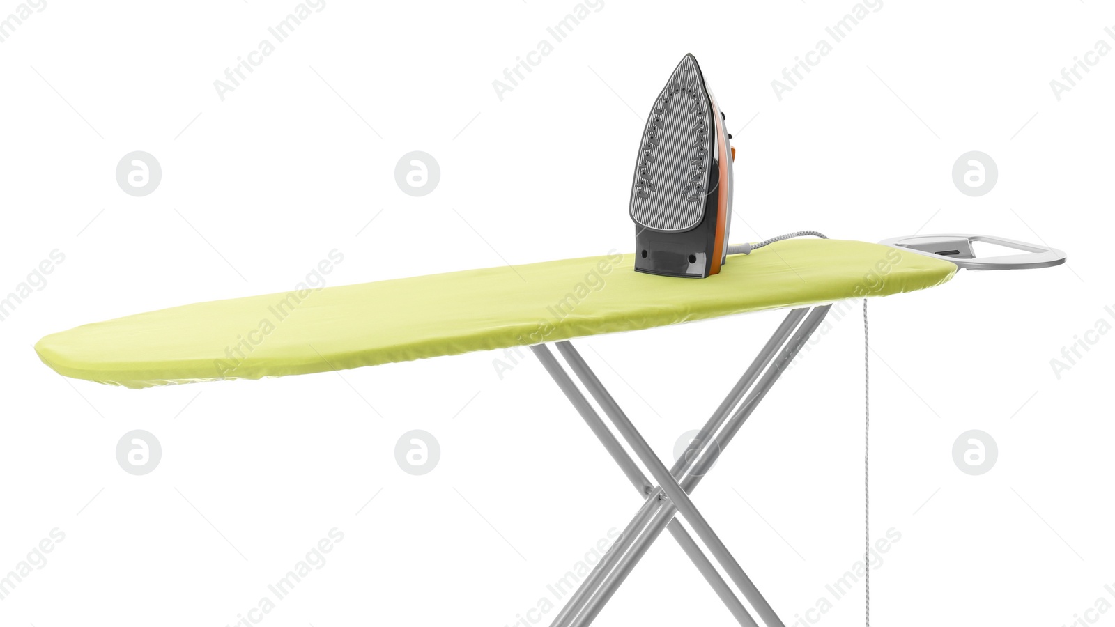 Photo of Board with modern iron on white background