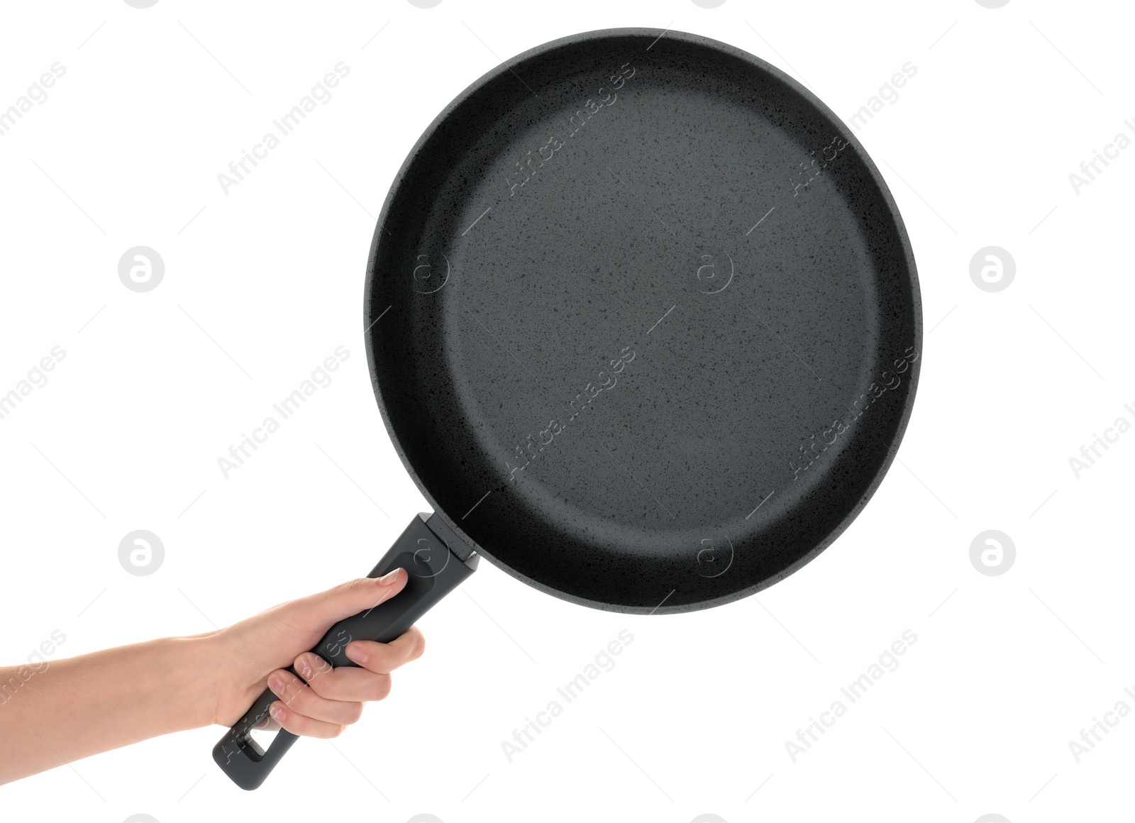 Photo of Woman holding modern clean frying pan isolated on white, closeup