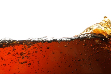 Closeup view of tasty refreshing cola on white background