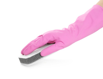 Photo of Person in rubber glove with sponge on white background, closeup of hand