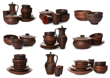 Image of Set of stylish clay dishes on white background