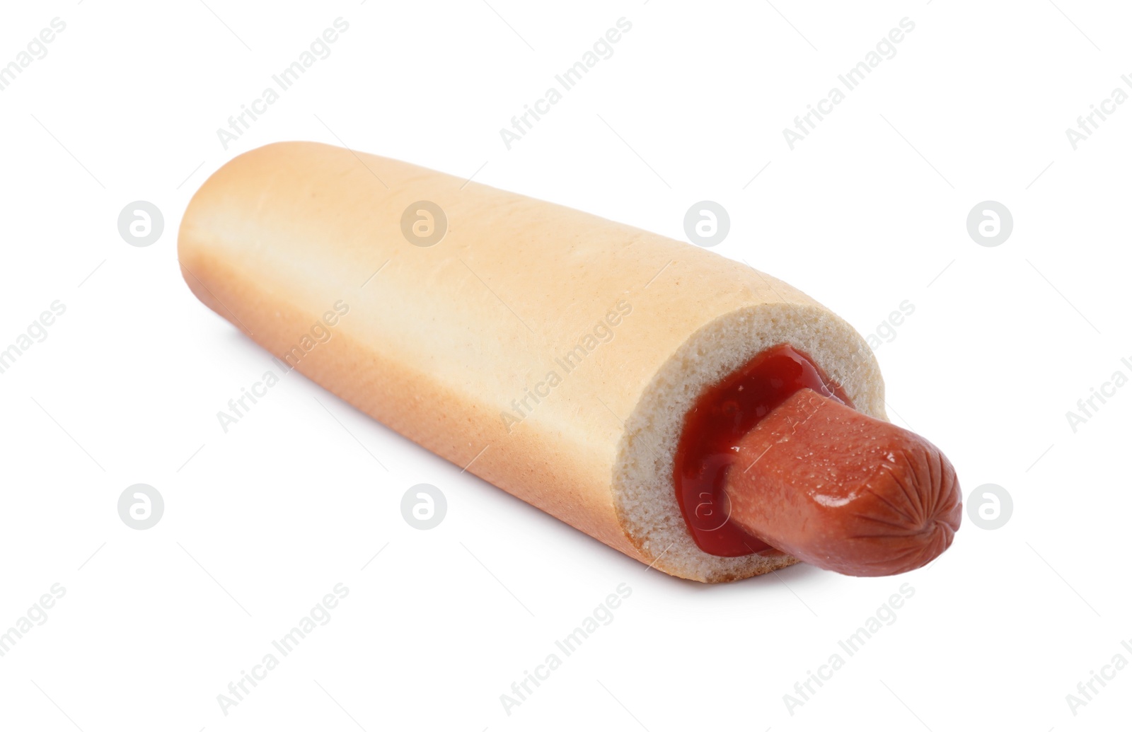 Photo of Tasty french hot dog with ketchup isolated on white