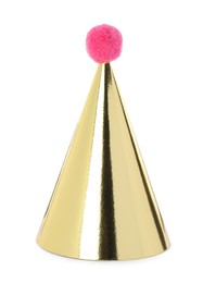 One shiny golden party hat with pompom isolated on white