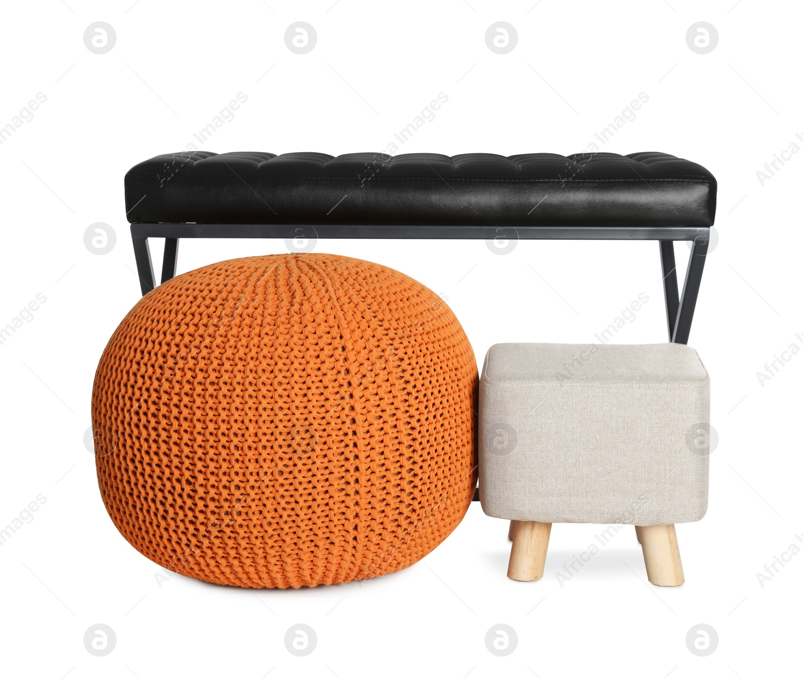 Photo of Different poufs and bench on white background. Home design