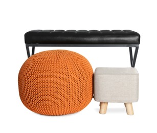 Photo of Different poufs and bench on white background. Home design