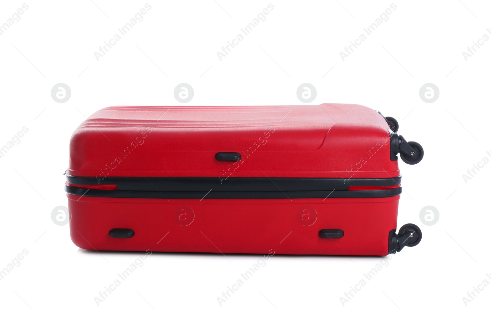 Photo of Red suitcase for travelling on white background