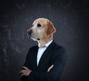 Image of Portrait of businessman with dog face on dark background