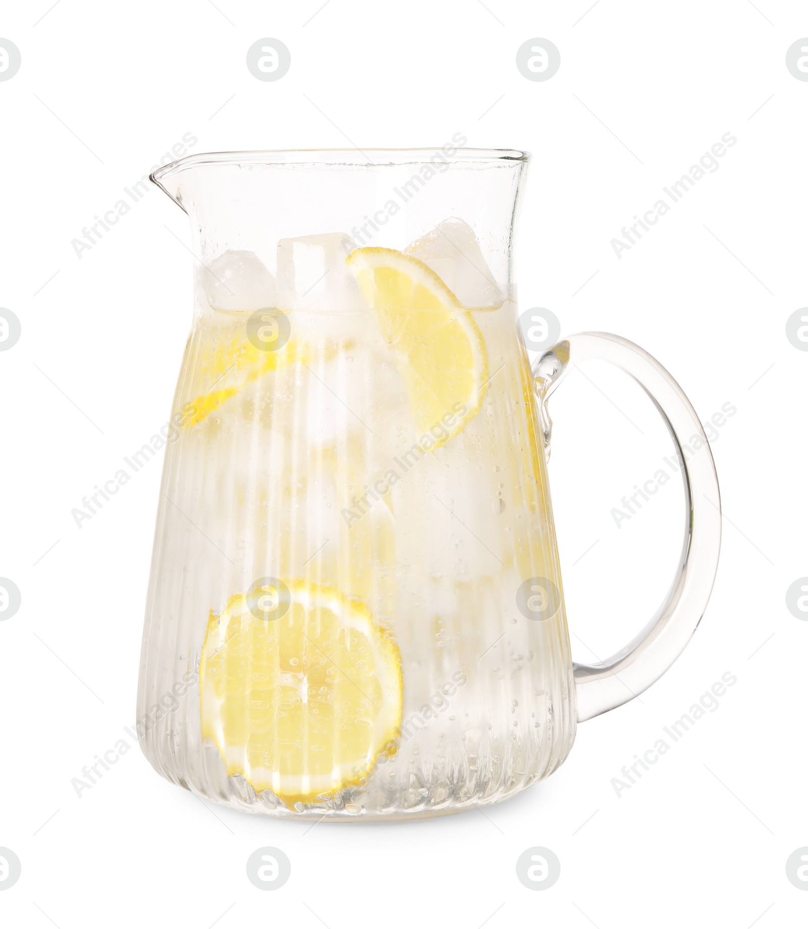 Photo of Freshly made lemonade in jug isolated on white