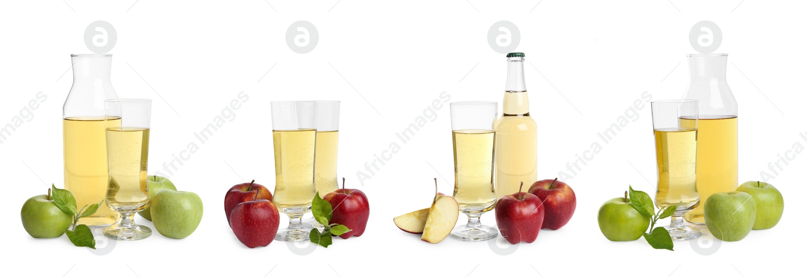 Image of Set with tasty apple cider and fresh fruits isolated on white