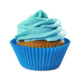 Photo of Delicious birthday cupcake decorated with light blue cream isolated on white