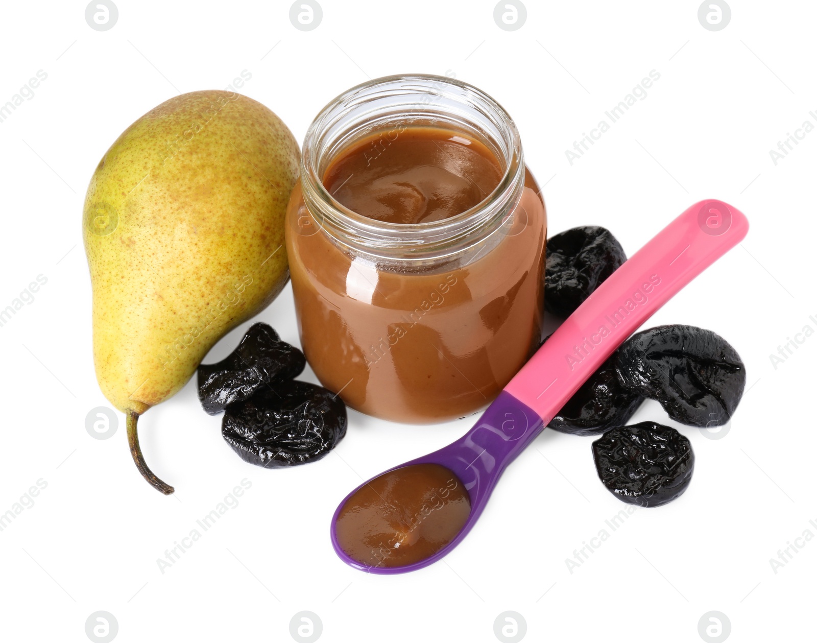 Photo of Jar with healthy baby food, dried prunes, pear and spoon isolated on white