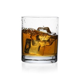 Photo of Whiskey with ice cubes in glass isolated on white