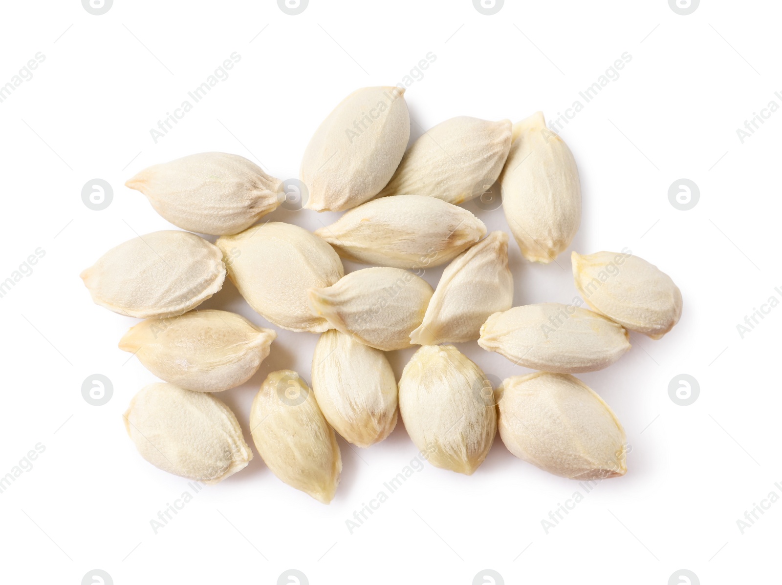 Photo of Many seeds of tangerine isolated on white, top view