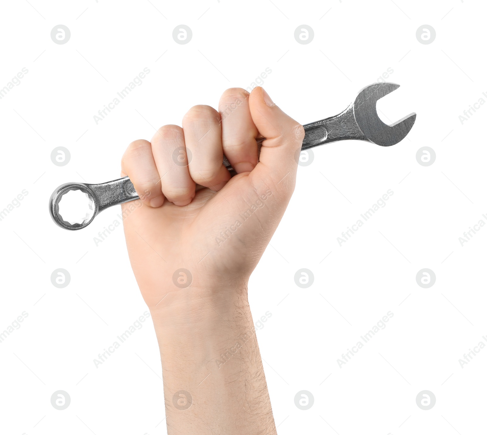 Photo of Man holding combination wrench isolated on white, closeup. Plumbing tools