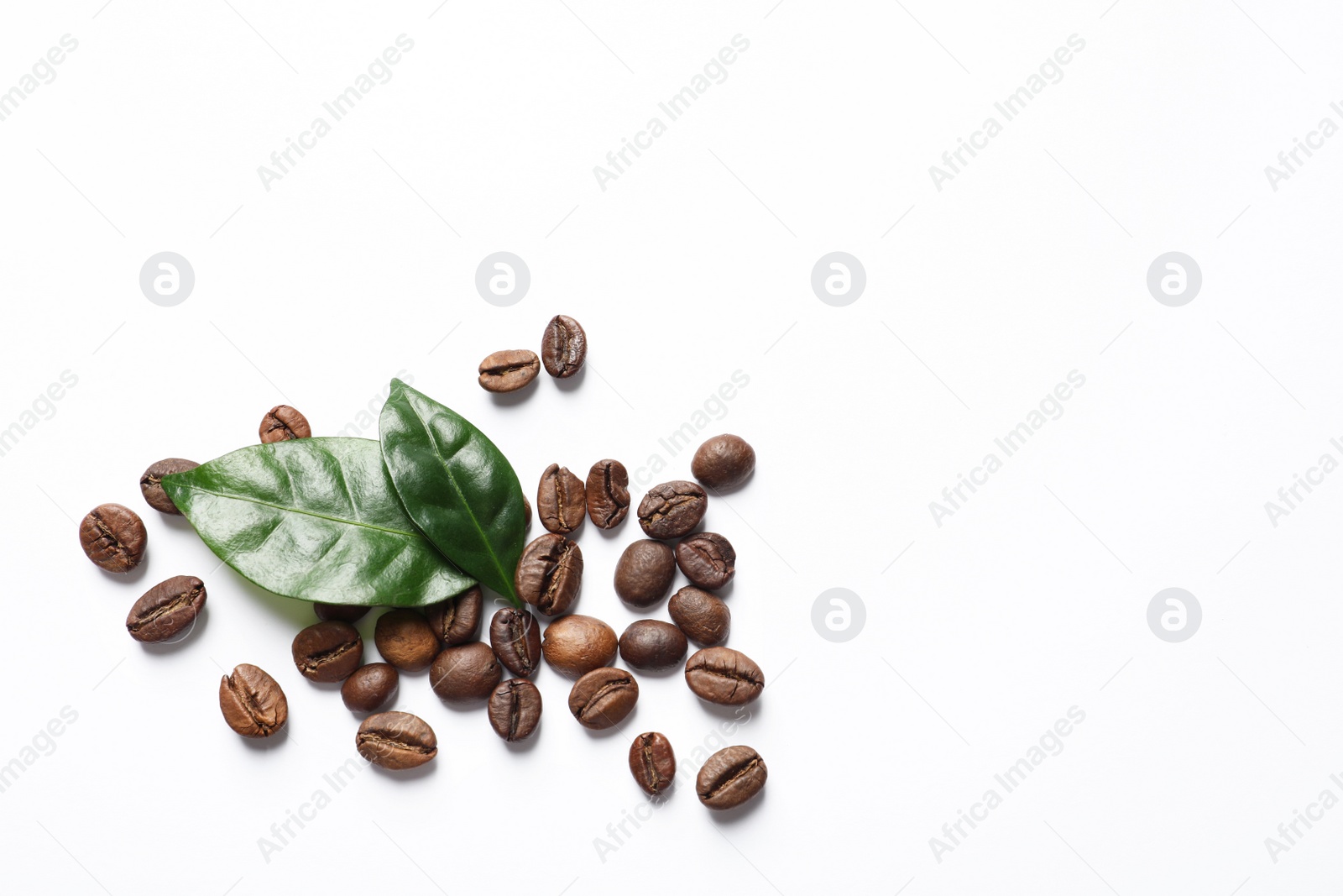 Photo of Fresh green coffee leaves and beans on white background, top view