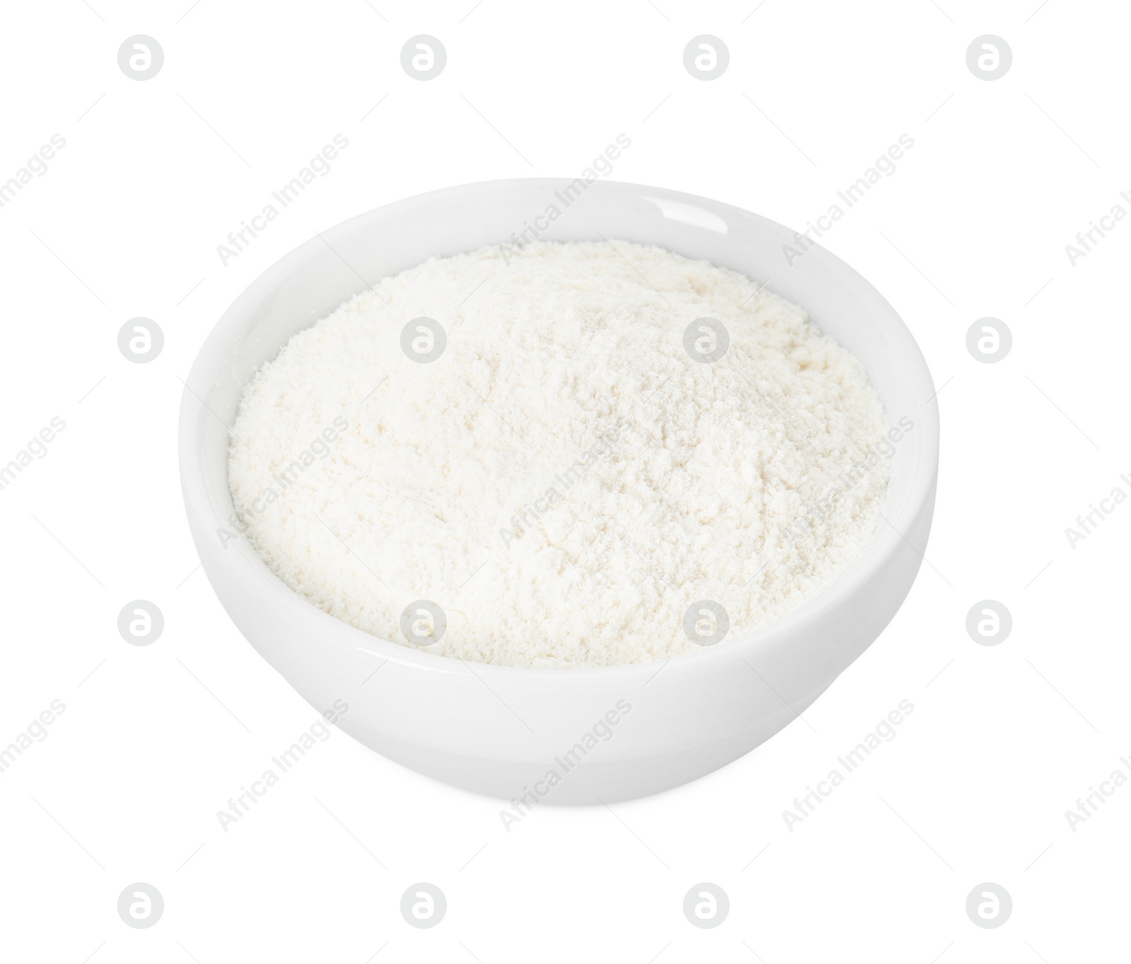 Photo of Baking powder in bowl isolated on white