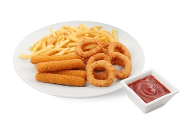 Photo of Tasty french fries, cheese sticks, fried onion rings and ketchup on white background