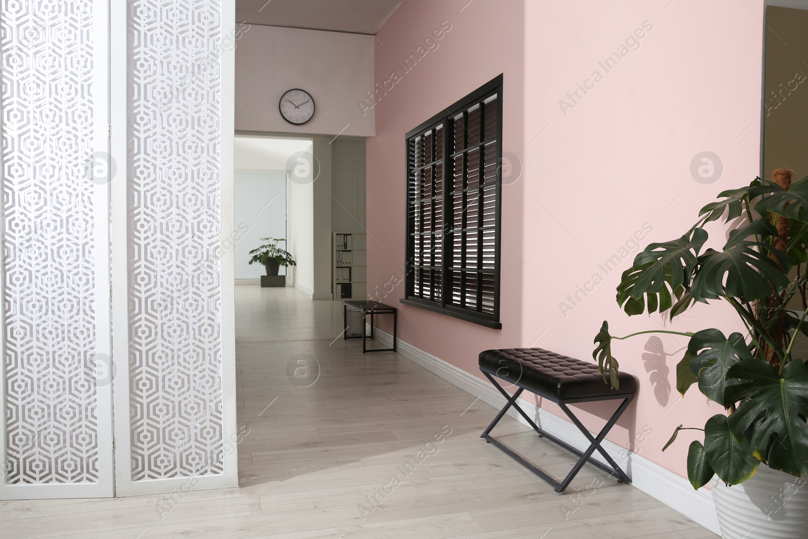 Photo of Empty long office corridor with benches and green potted plants