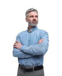 Mature businessman in stylish clothes posing on white background, low angle view