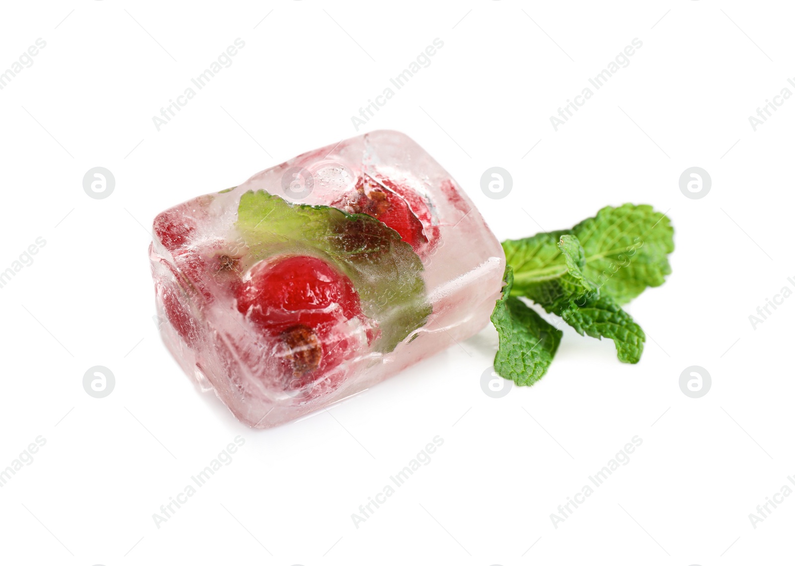Photo of Ice cubes with currant and mint on white background