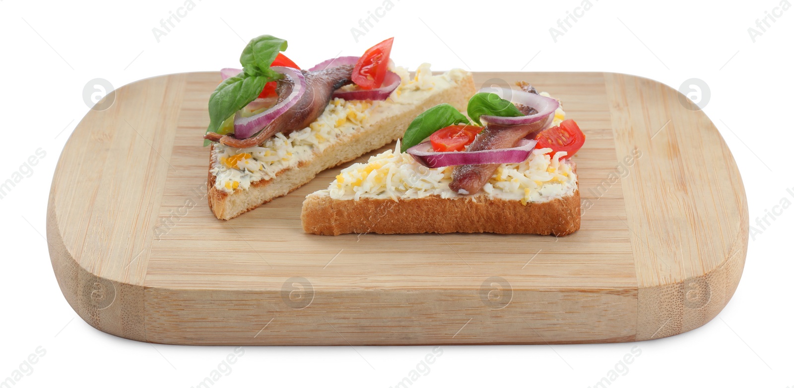 Photo of Delicious sandwiches with anchovy, tomato and basil on white background