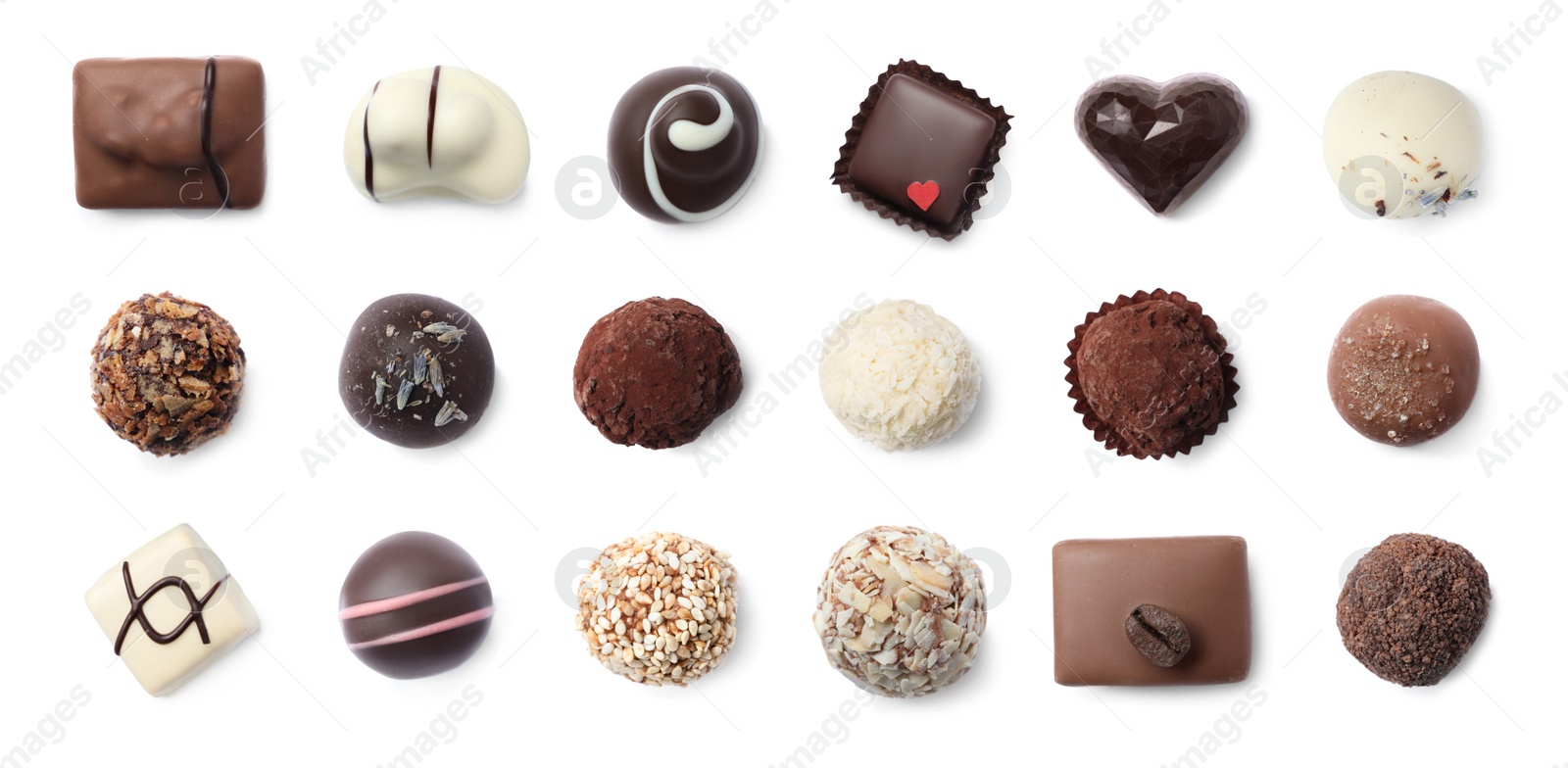 Image of Set with different chocolate candies on white background. Banner design