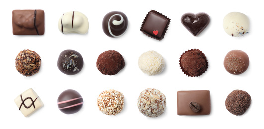 Set with different chocolate candies on white background. Banner design