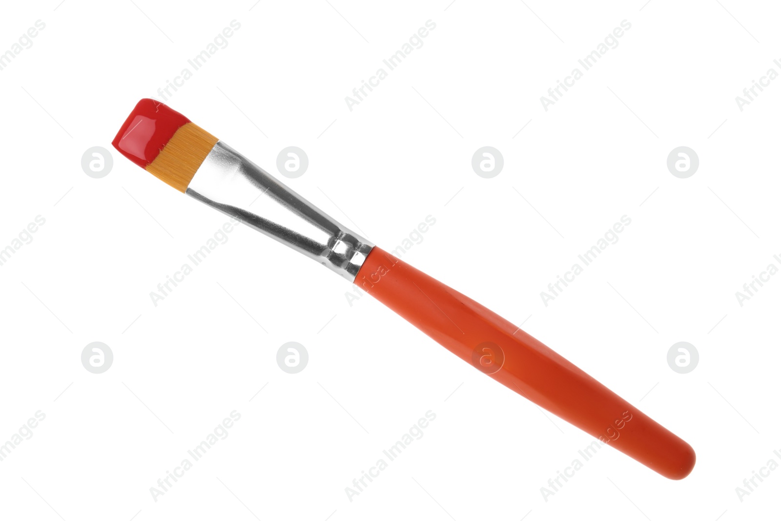 Photo of Brush with color paint on white background, top view