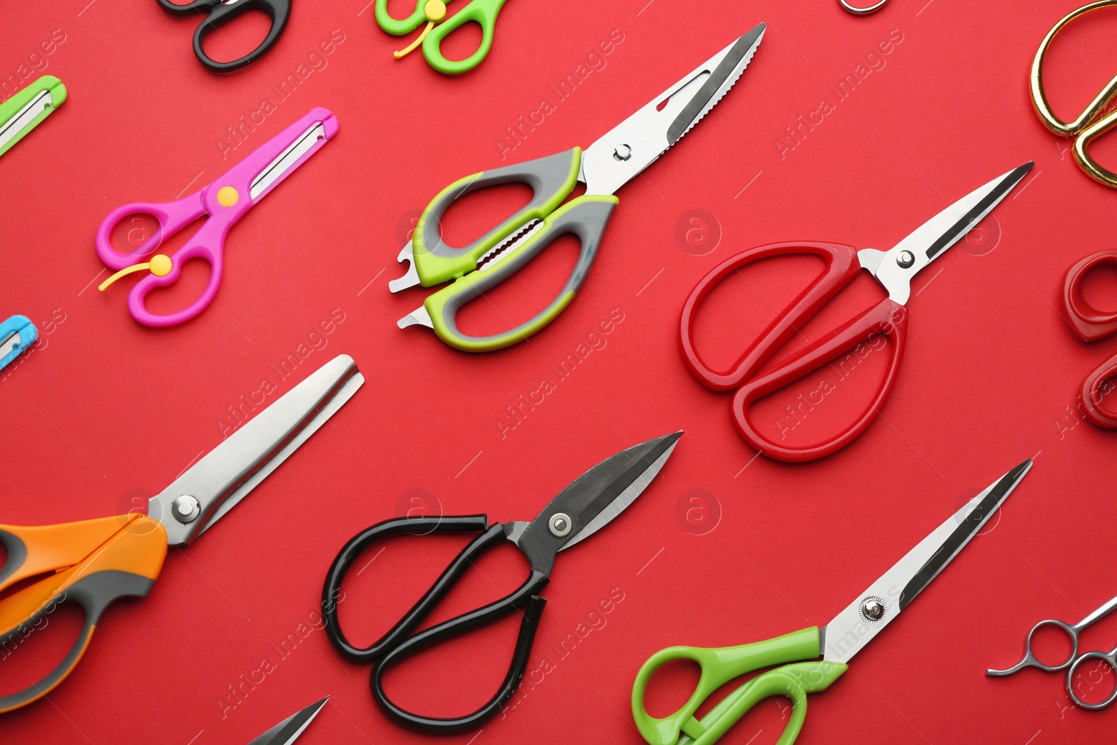 Photo of Set of different scissors on color background, flat lay