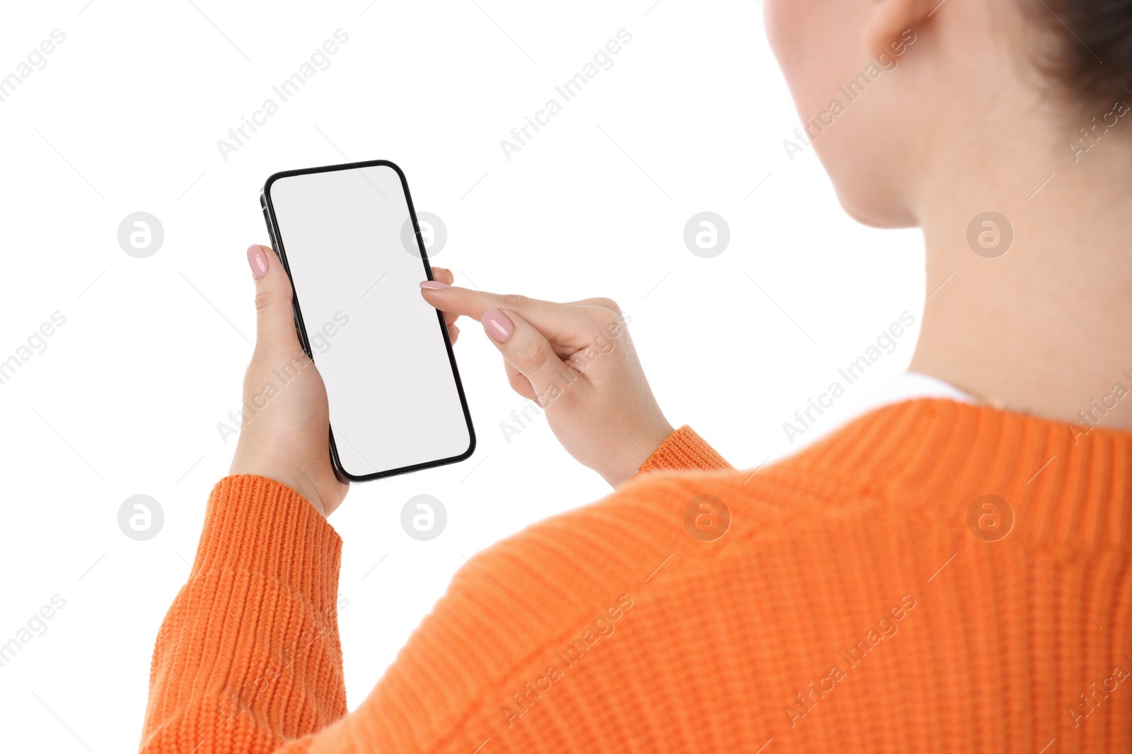 Photo of Woman using smartphone with blank screen on white background, closeup. Mockup for design