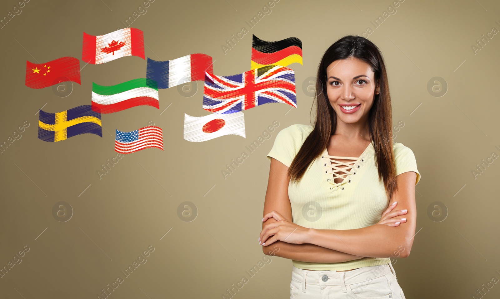 Image of Portrait of interpreter and flags of different countries on beige background