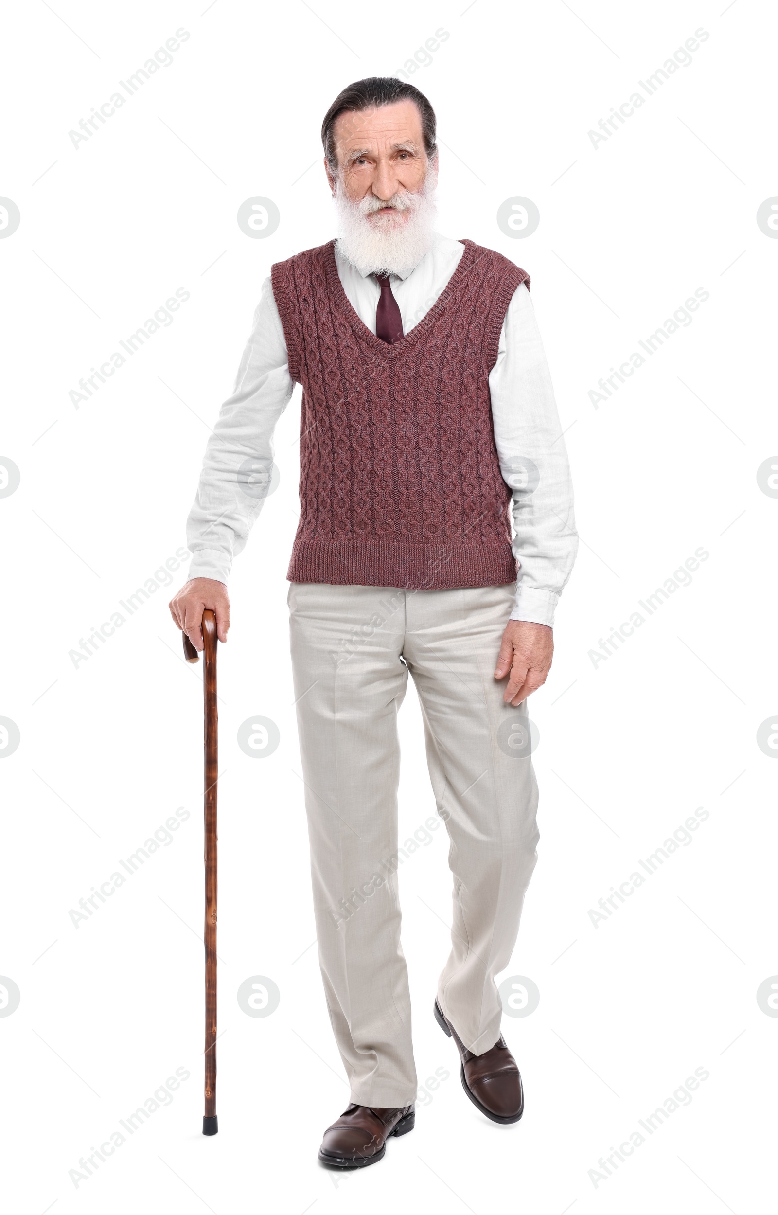 Photo of Senior man with walking cane on white background