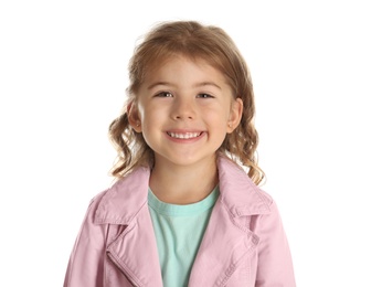 Portrait of cute little girl on white background