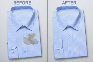 Image of Stylish shirt before and after dry-cleaning on white background, top view