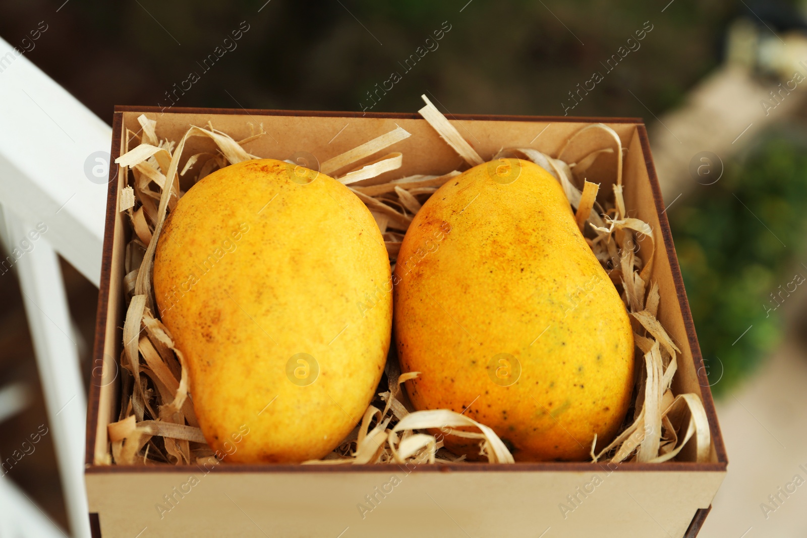 Photo of Delicious ripe yellow mangoes in wooden box outdoors