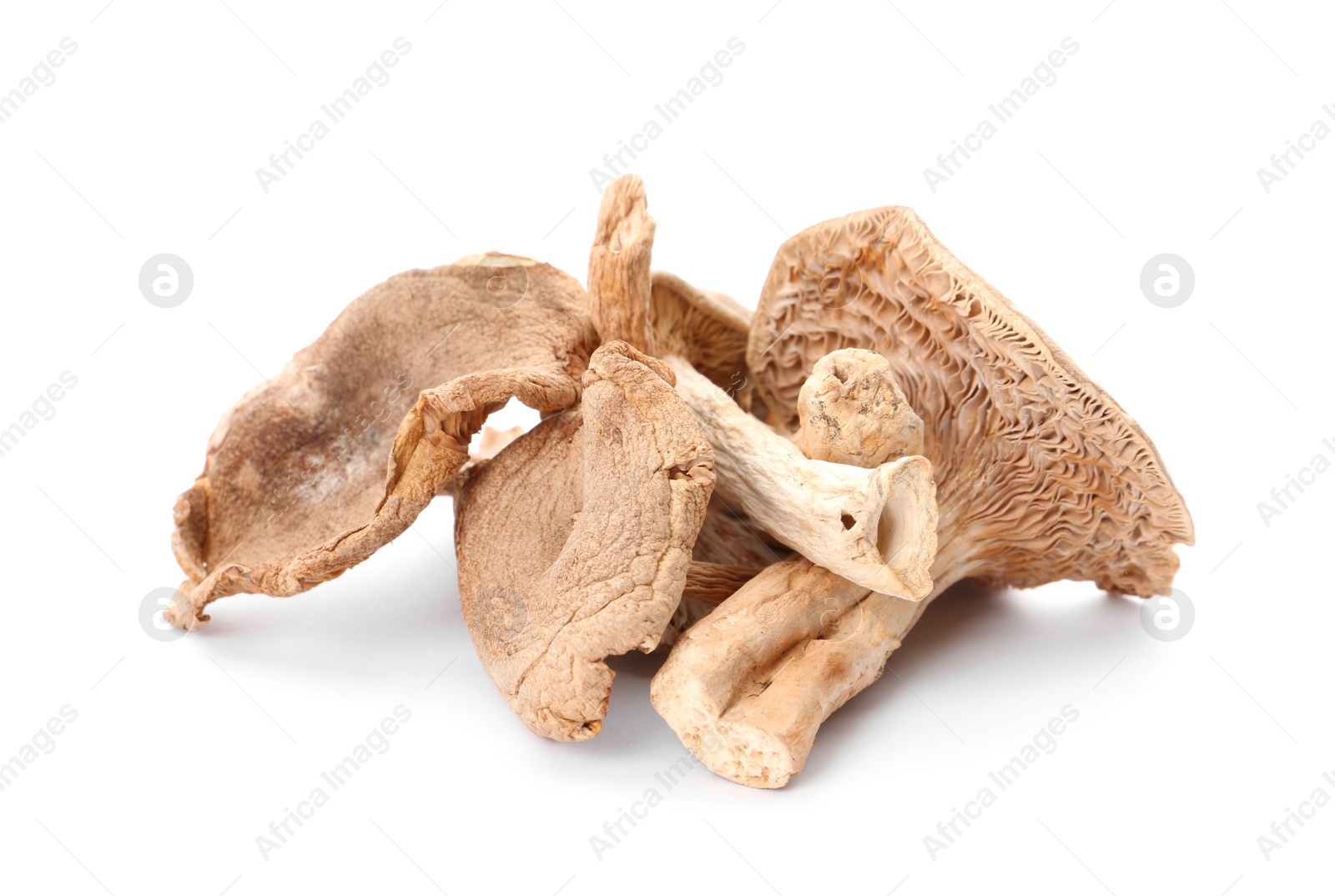 Photo of Delicious organic dried mushrooms on white background