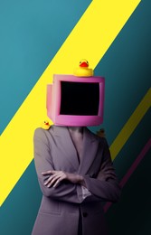 Image of Brainwashing, mind control. Woman with pink TV instead of head and yellow rubber ducks on color background