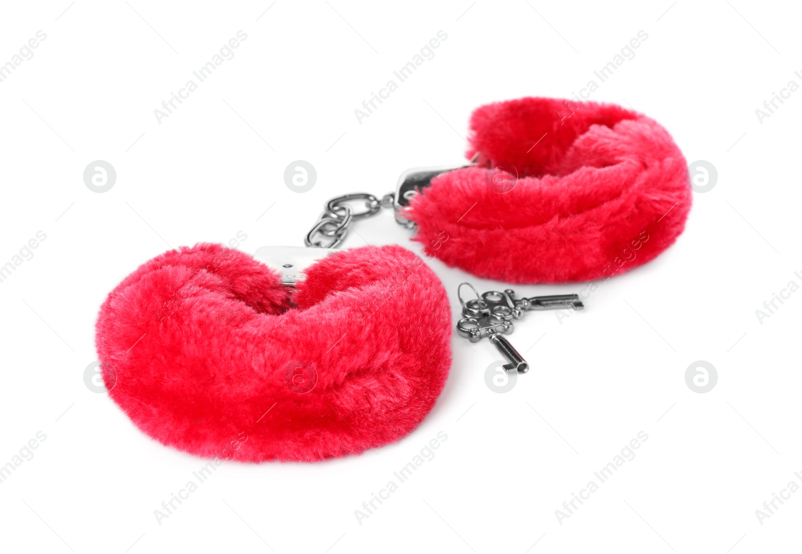Photo of Red furry handcuffs on white background. Accessory for sexual roleplay